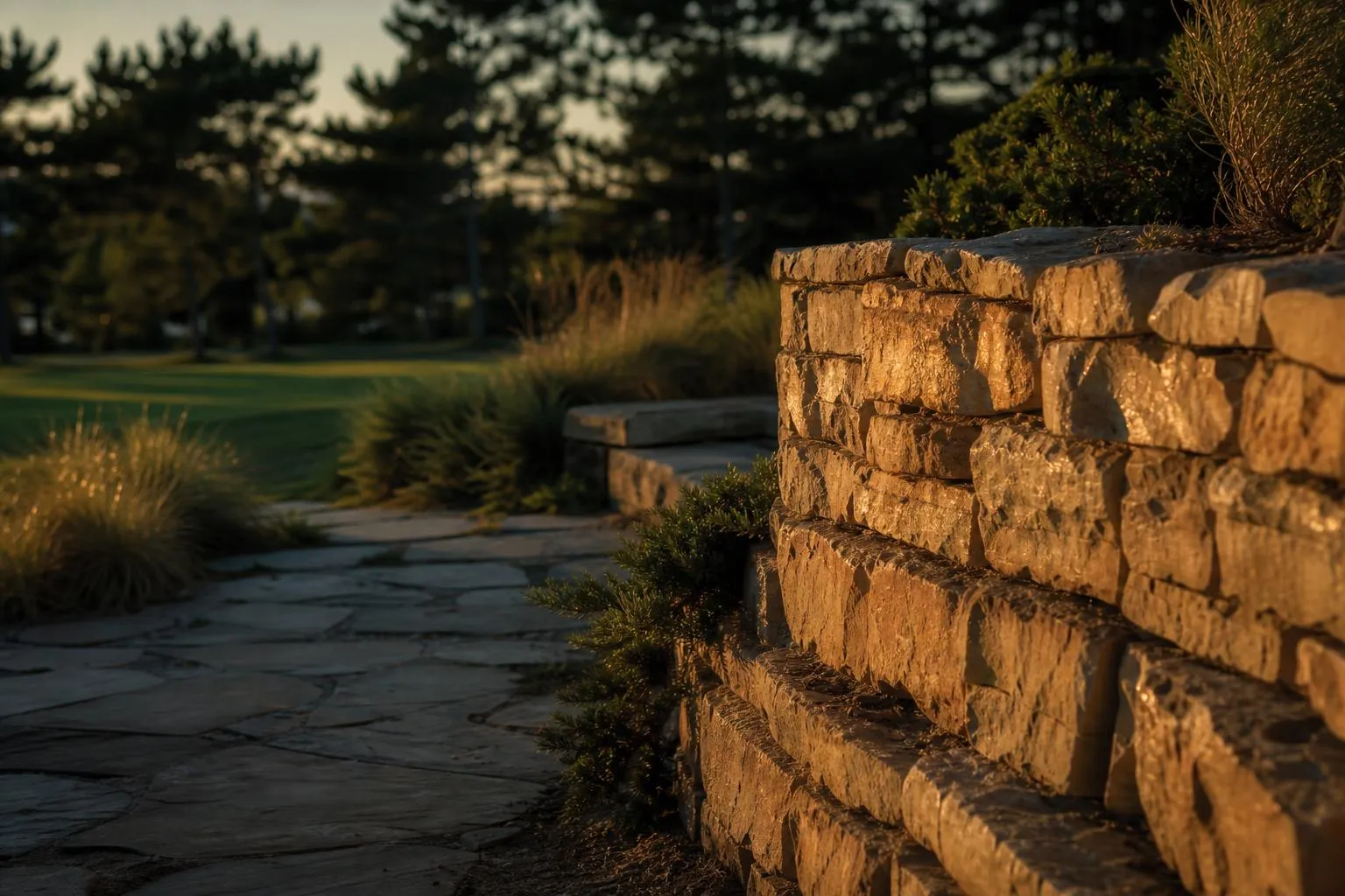 Textured stone walling beside a garden path