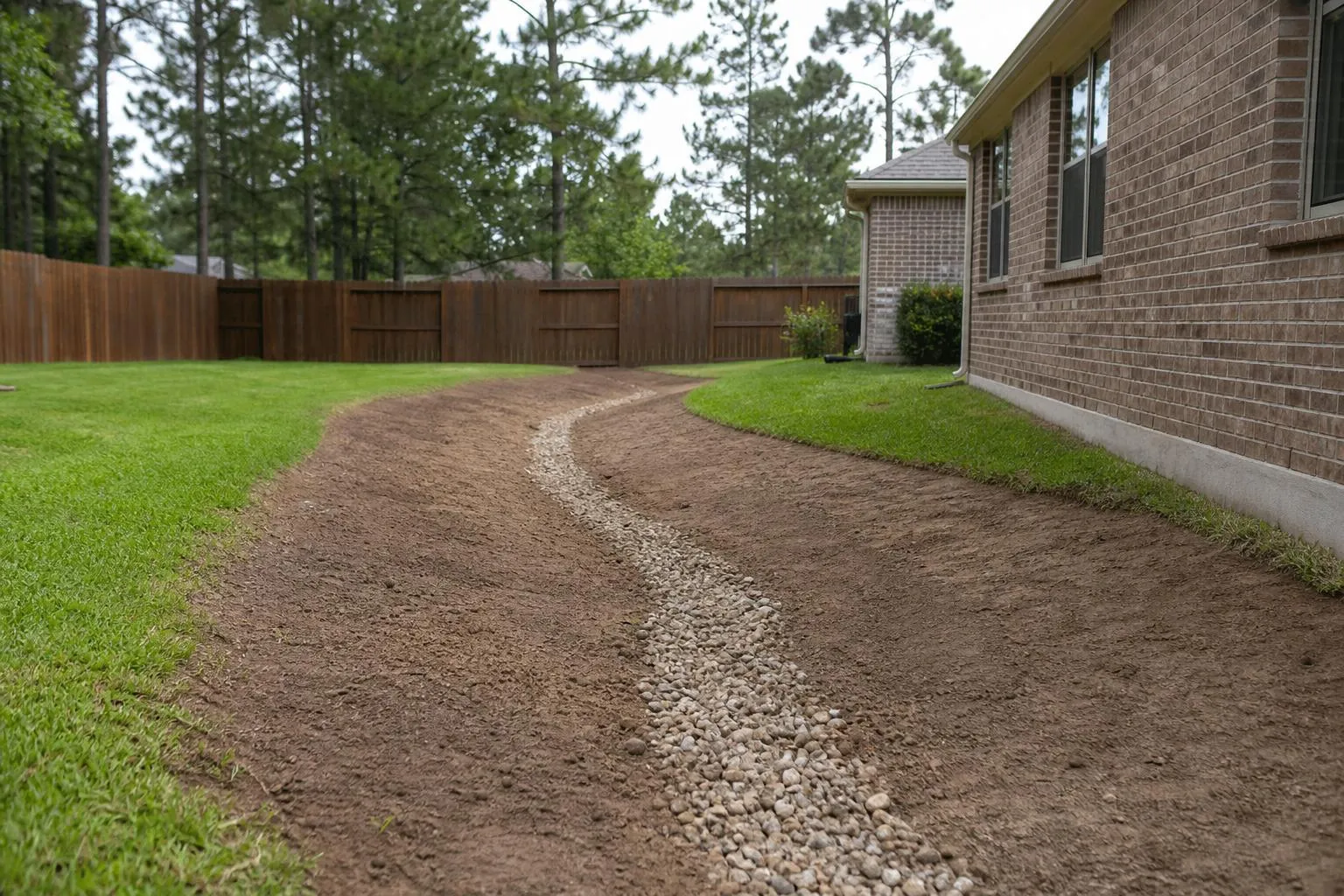 Shaped soil and a gravel drainage channel beside a house
